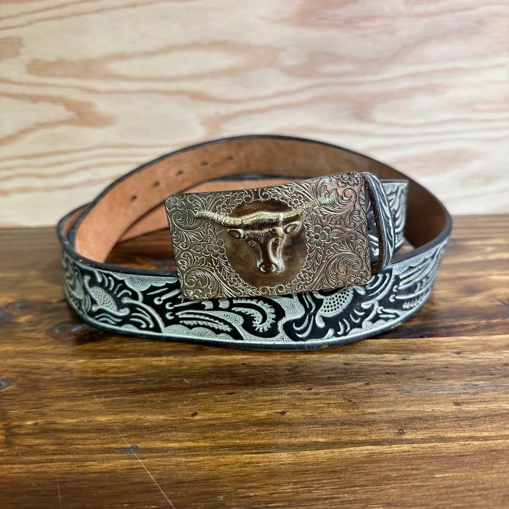 Vintage Top Grain Cowhide Western Belt Longhorn Buckle Black White Tooled 42